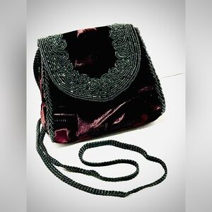 Velvet beaded burgundy crossbody converts to clutch bag
